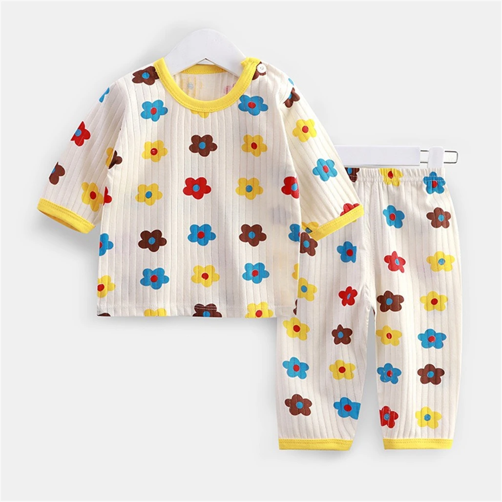 Vollbedruckte Unterwäsche-Outfits, lässiges Rundhals-Unterhemd + Hose für Babys, Jungen und Mädchen, schöne dünne Pyjama-Sets für Frühling und Herbst. – Detail 1