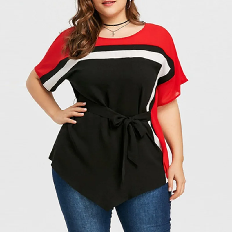 

Summer plus size casual T-shirt 5XL 6XL 7XL new fashion women's round neck stitching contrast bat sleeve lace-up T-shirt