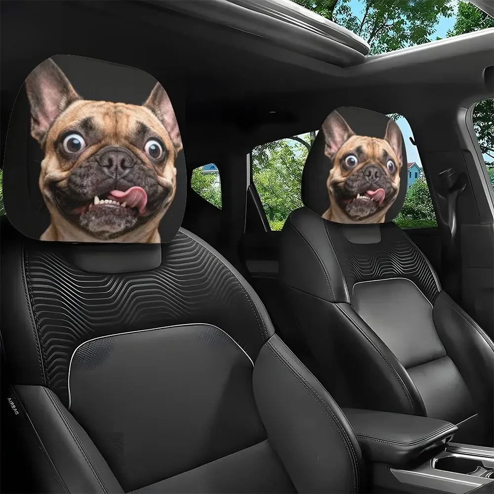 2Pcs French Bulldog With Tongue Out Funny Print Car Headrest Covers Easy To Install And Wash Perfect Funny Car Accessory