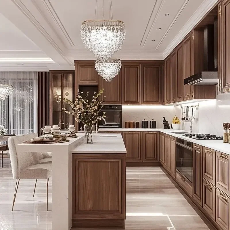 Luxury L-Shaped Kitchen Cabinets with Island - Custom High Gloss Lacquer & Quartz Countertop