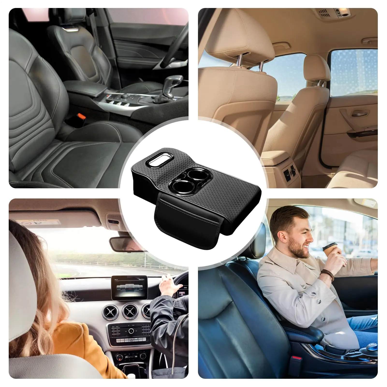 Multifunctional Car Armrest Cushion, Center Console Organizer with Tissue Holder & Cup Holders, Height-Adjustable Armrest Pad view 5