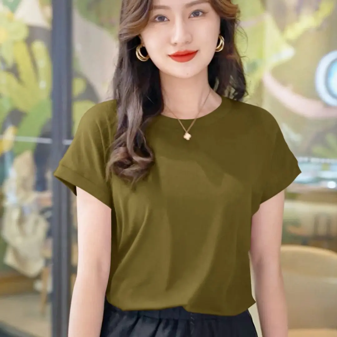 Piccole maniche volanti Nuovo versatile girocollo sottile design tinta unita estivo a maniche corte Top di nicchia pipistrello
