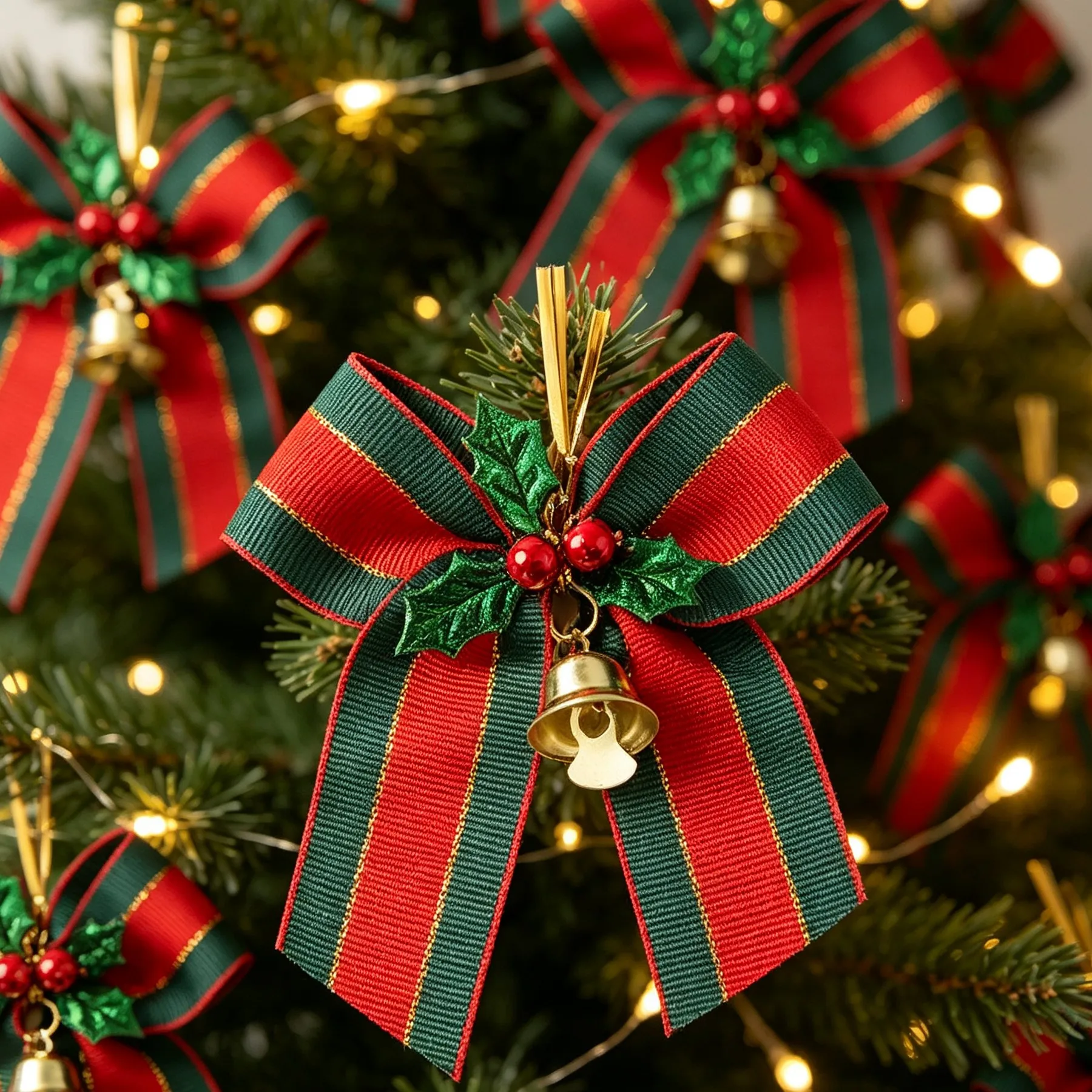 (10pcs/Pack) Christmas Bells with Bows, Decorative Christmas Gift Hangers, Packaged with Red And Green Ribbons