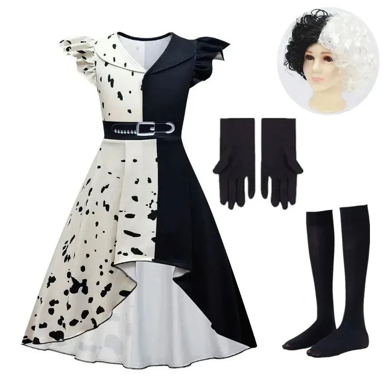 Halloween Evil Madame Cruella De Vil Cosplay Costume for Kids Woman Half Black Half White Wig Girls Princess Summer Night Dress