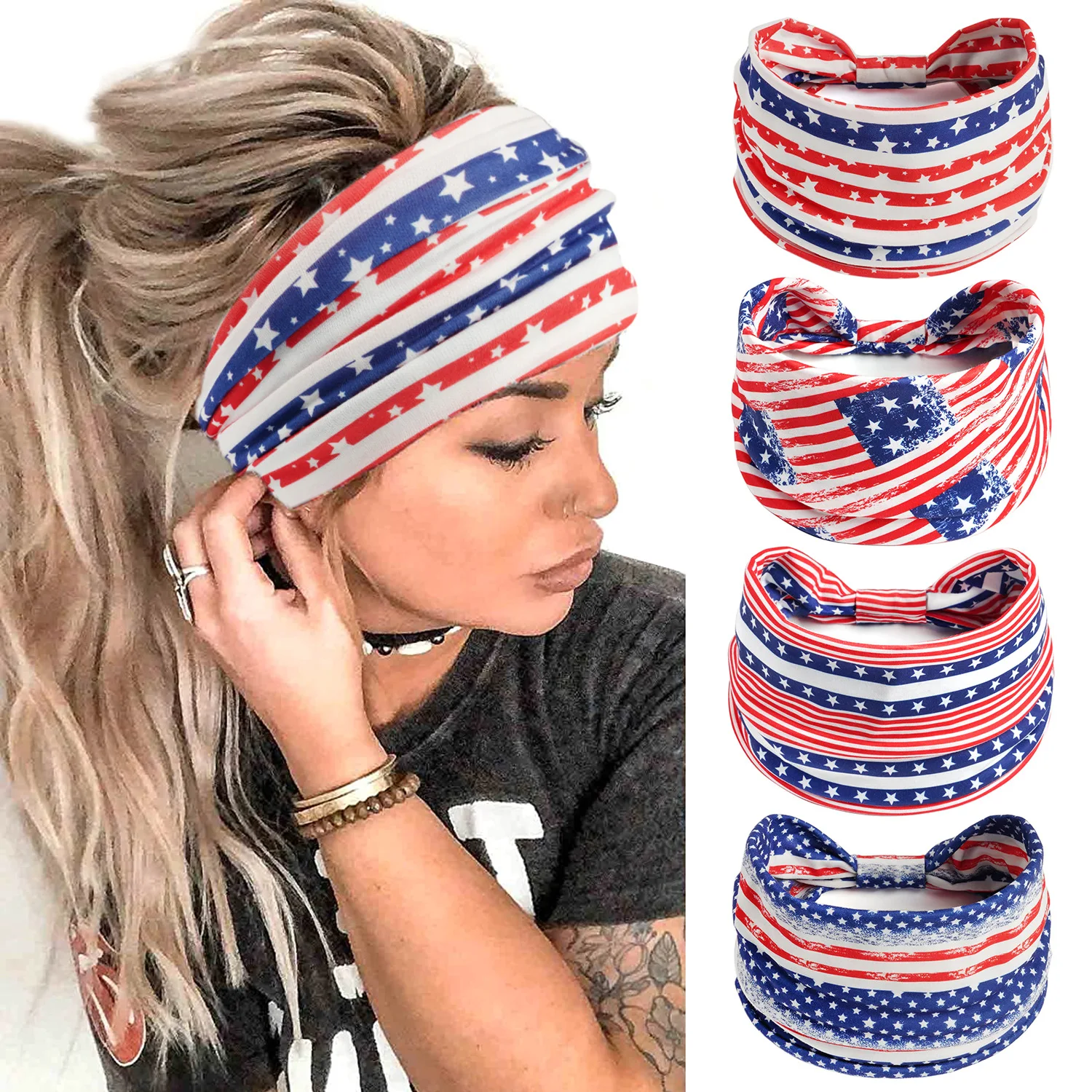 American Flag Headbands Women 4th of July Head Band Wide Turban Headwrap Red White and Blue Hairbands USA Patriotic Accessories