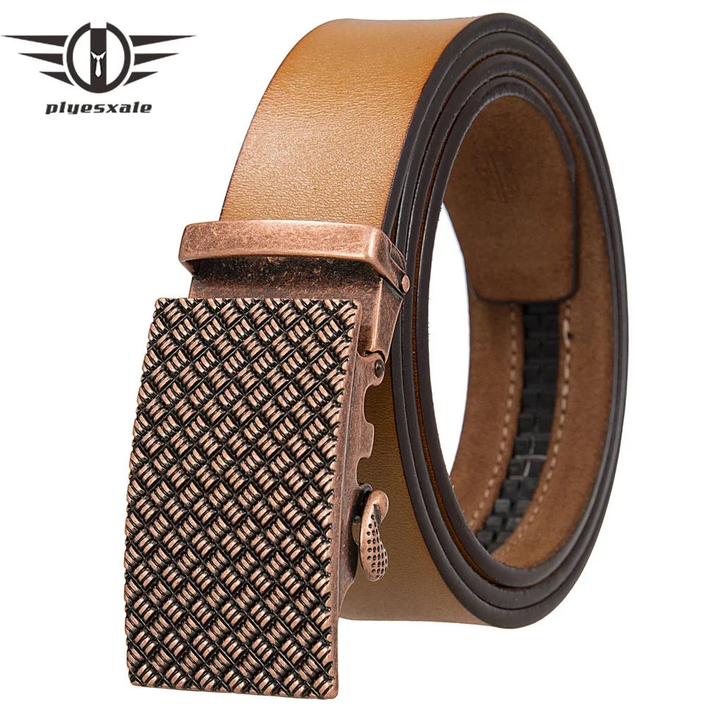 plyesxale-自動バックルベルト牛革ベルト男性用高品質イエローブラウンメンズベルトカジュアル高級デザイナー-b977