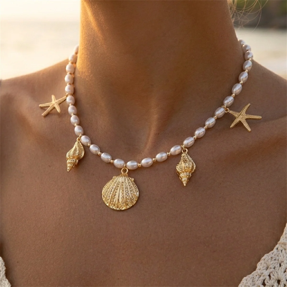 Summer Ocean Starfish Shell Conch Pendant Simulated Pearl Necklace For Women Men Boho Seaside Elegant Star Choker Beach Jewelry