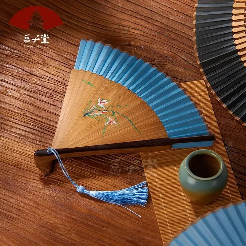 Chinese style hand-painted silk portable fan dance fan summer ink folding fan ancient style hollow