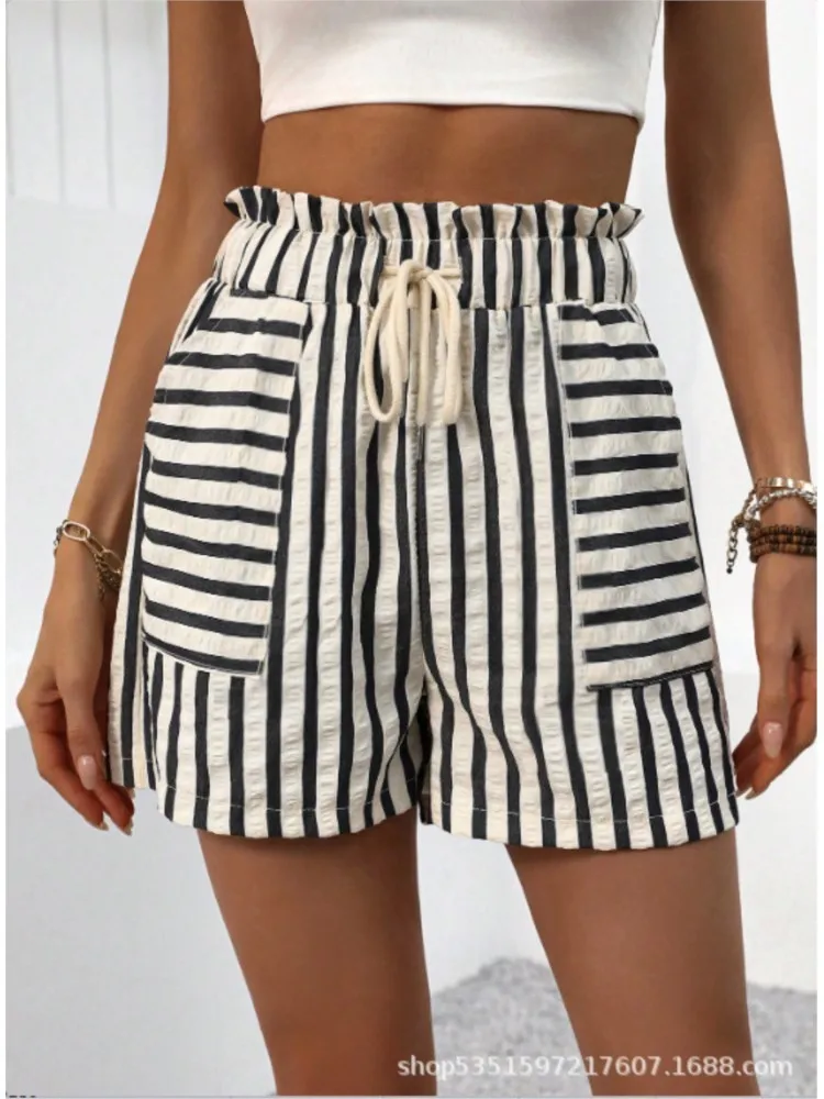

Women Vintage Commuting Linen Cotton Stripe Half Pants 2025 New Summer Casual Foreign Style Loose Wide Leg Shorts Ladies Outfits