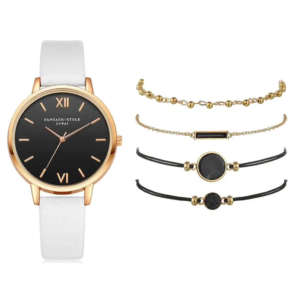 Reloj de pulsera de cuarzo analógico para mujer, con correa de cuero, negro, 5 uds., femenino