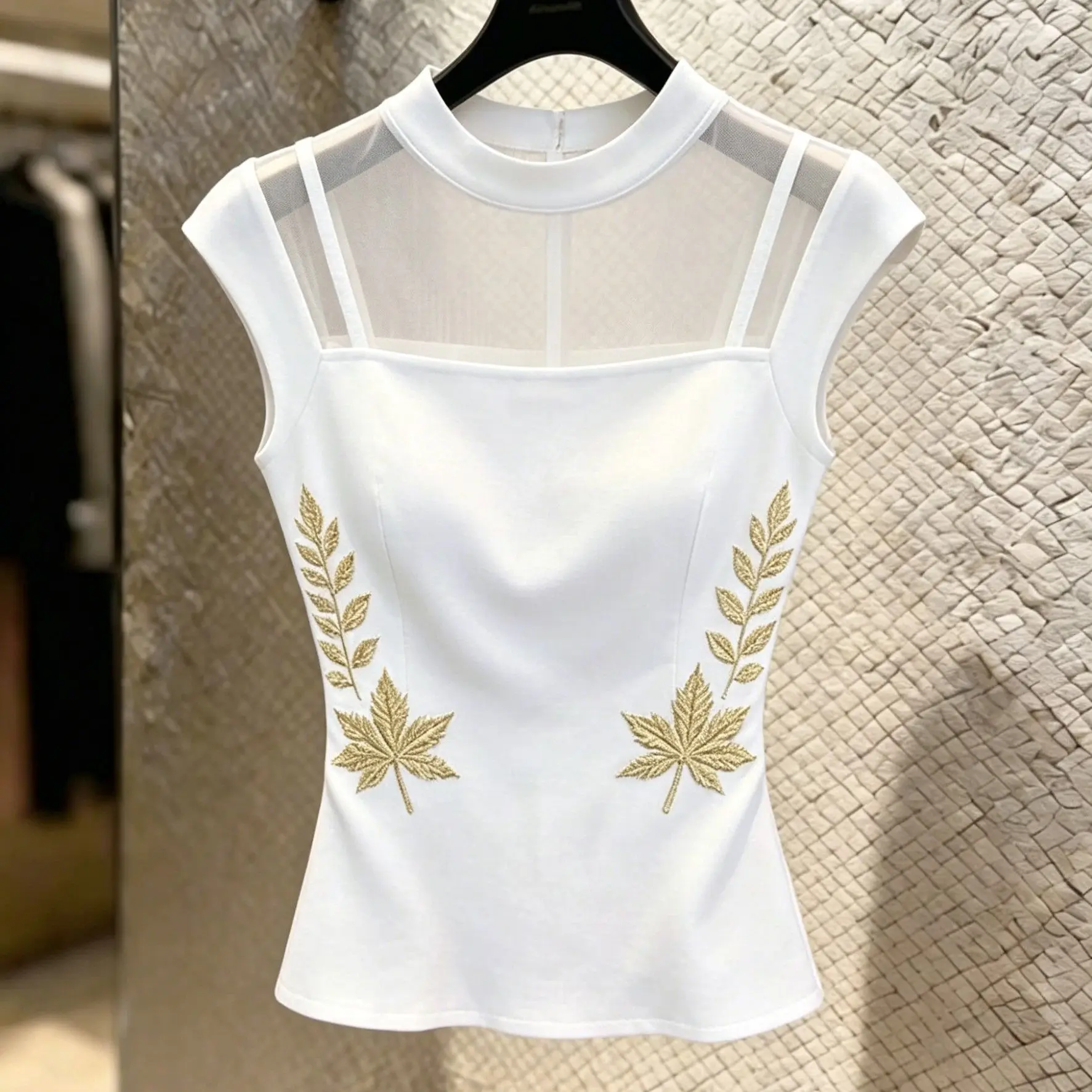 New Chinese Style Sleeveless Vest Top Women's Maple Leaf Mesh Stand Collar Waist Slimming Fashionable Small Shirt