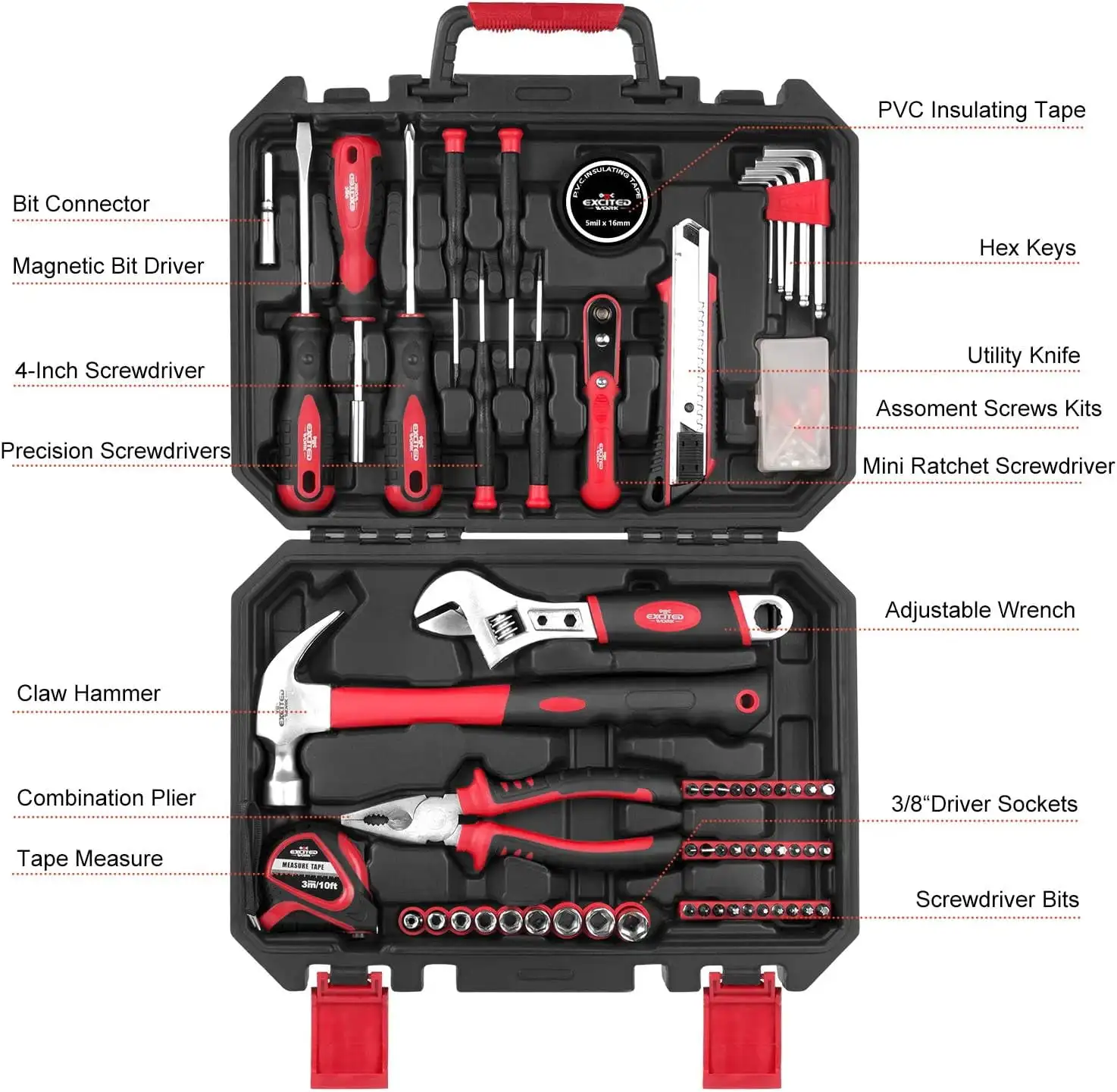 

EXCITED WORK 100 Piece Home Repair Tool Kit, General House Hand Tool Set with Plastic Storage Case- Socket Wrench Hammer