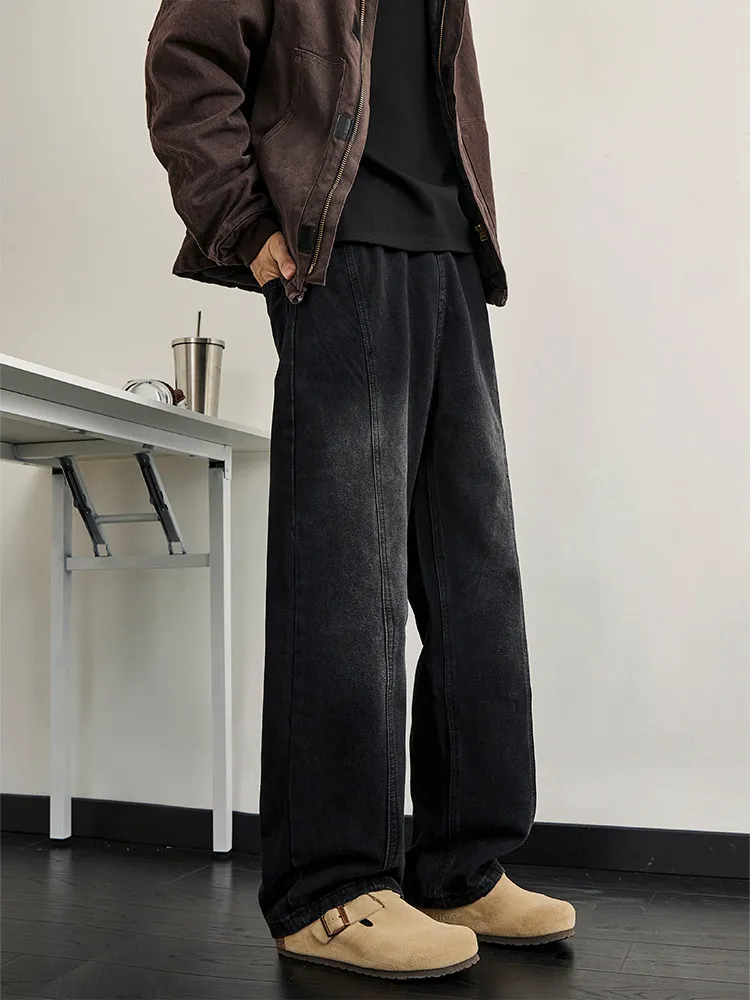 

American Style Loose Fit Black Denim Jeans Men's Spring Autumn Straight Casual Drawstring Long Pants Versatile Comfortable
