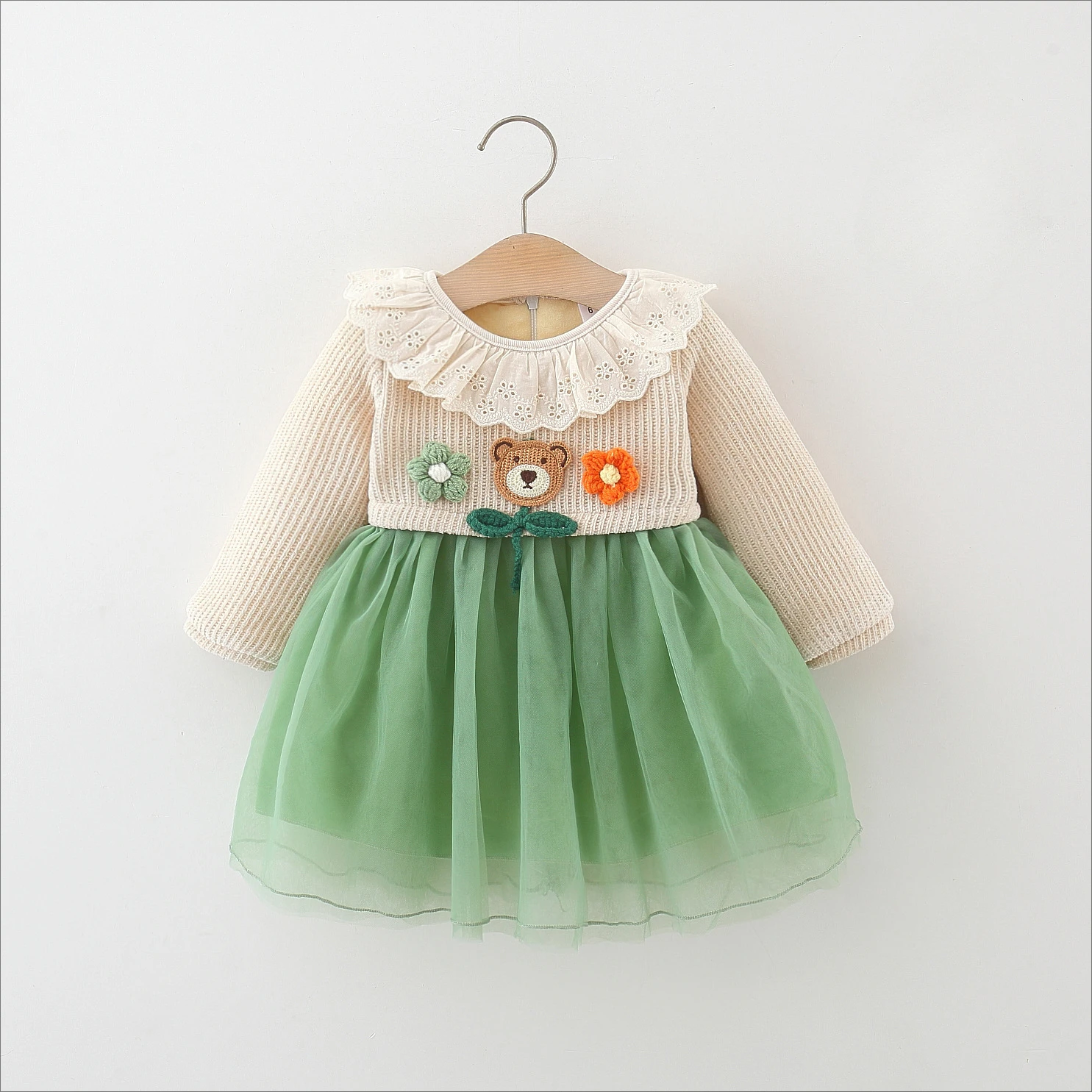 Winter 2024 new two-flower bear girls dress lace collar gauze velvet корейский стиль одежда