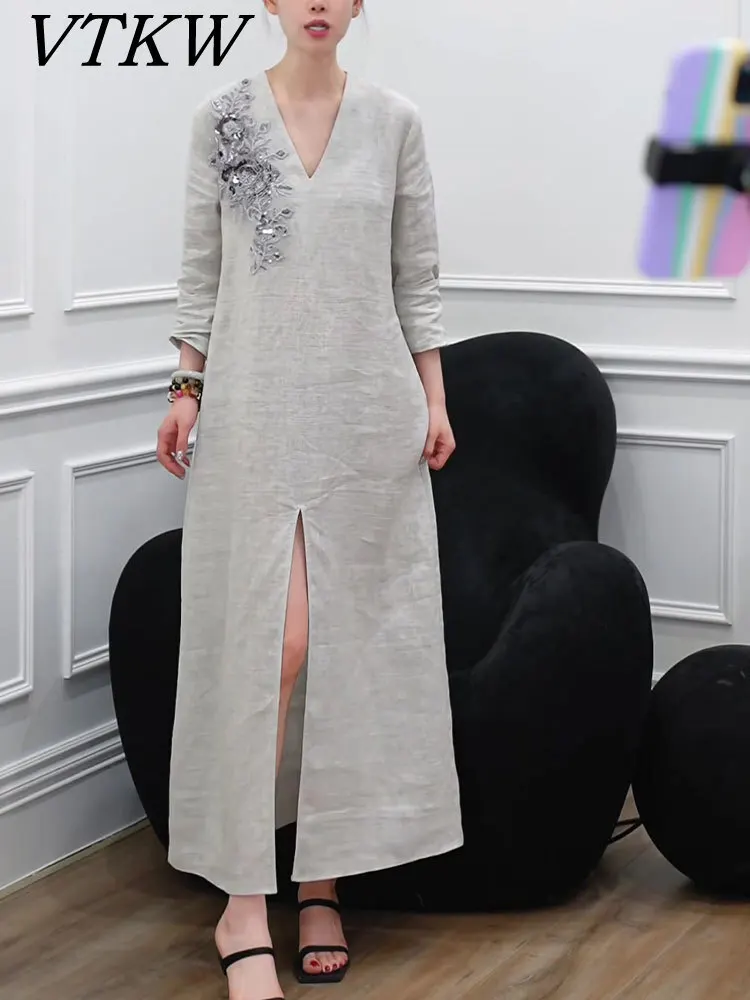 

VTKW 2025 Spring Summer New Fashion Elegant V-Neck Beaded Sequin Dress Women Cotton Linen Slit Loose Fit Dress Linen Fabric