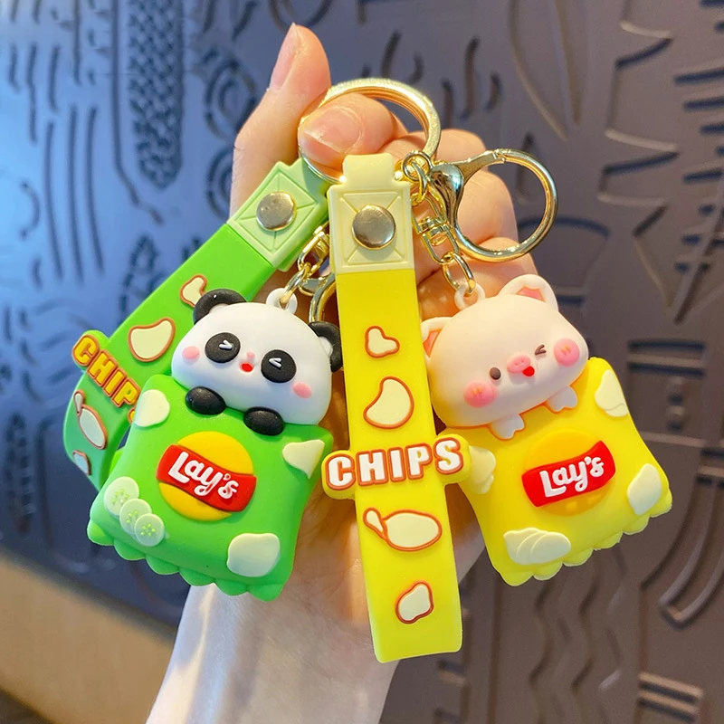 Cartoon Cucumber Flavor Potato Chips Panda Pet Keychain Car Bag Pendant Keyfob Cute Original Taste Chips Pig Wink Doll Keyring