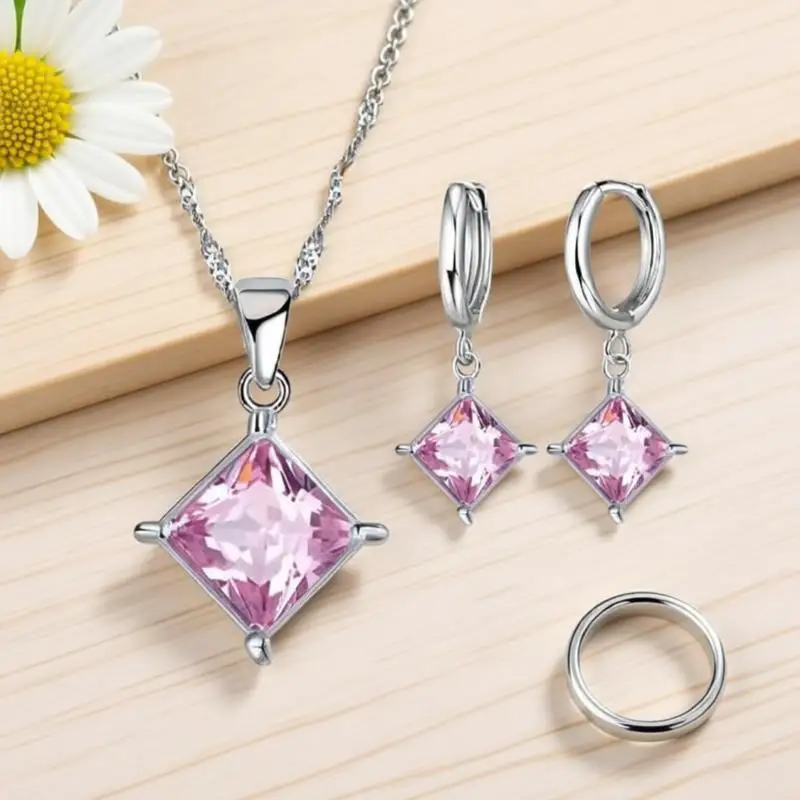 Classic 925 Sterling Silver 4 Claws Rhombus Crystal Zircon Necklace Drop Earrings Set for Women Girls Wedding Party Jewelry Gift