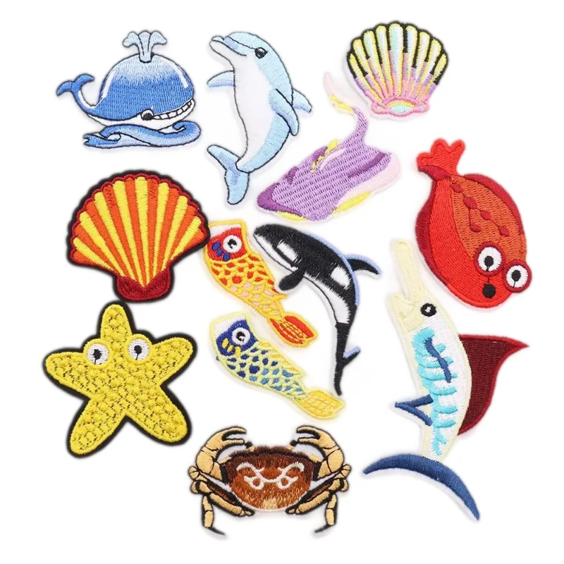 Iron-on Patches for Clothing, Embroidery Stripe on Clothes, Cute DIY, Sea Animal, Shell, Fish, Dolphin, Crab, Whale, Starfish