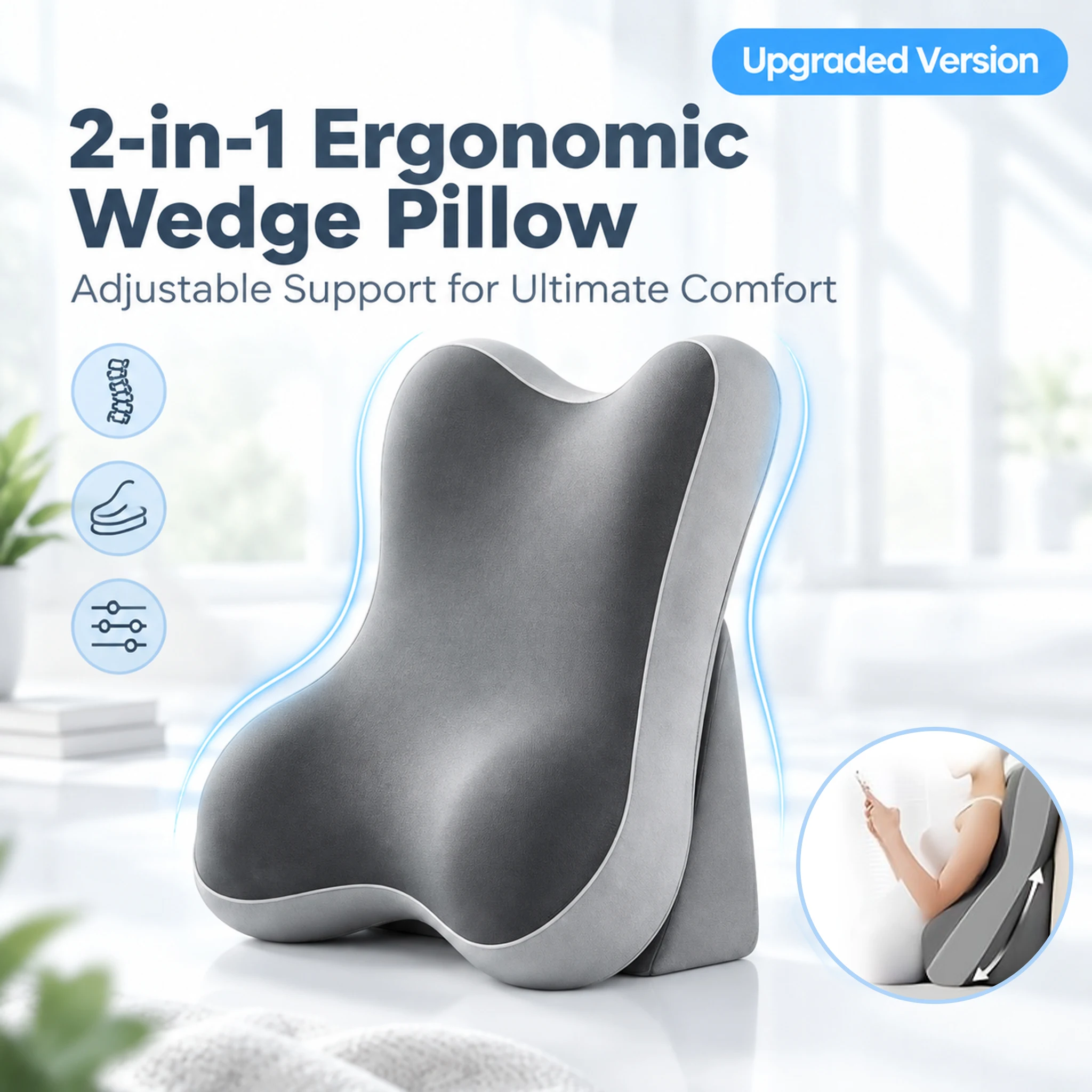 Coussin ergonomique 2-en-1, coussin de soutien lombaire en mousse à mémoire de forme pour lire au lit et regarder la télévision, coussin de soutien multi-zones profilé, coussin inclinable réglable pour rehausser les jambes, housse lavable en machine pour canapé et sol.