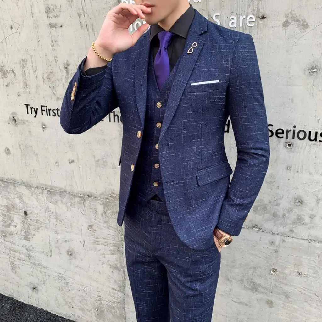 3 Pieces Wedding Formal Wear Suits For Man Blazers Jackets+Pants+Vest Men Good Quality Blue Plaid Suits Male Formal Dress Suits