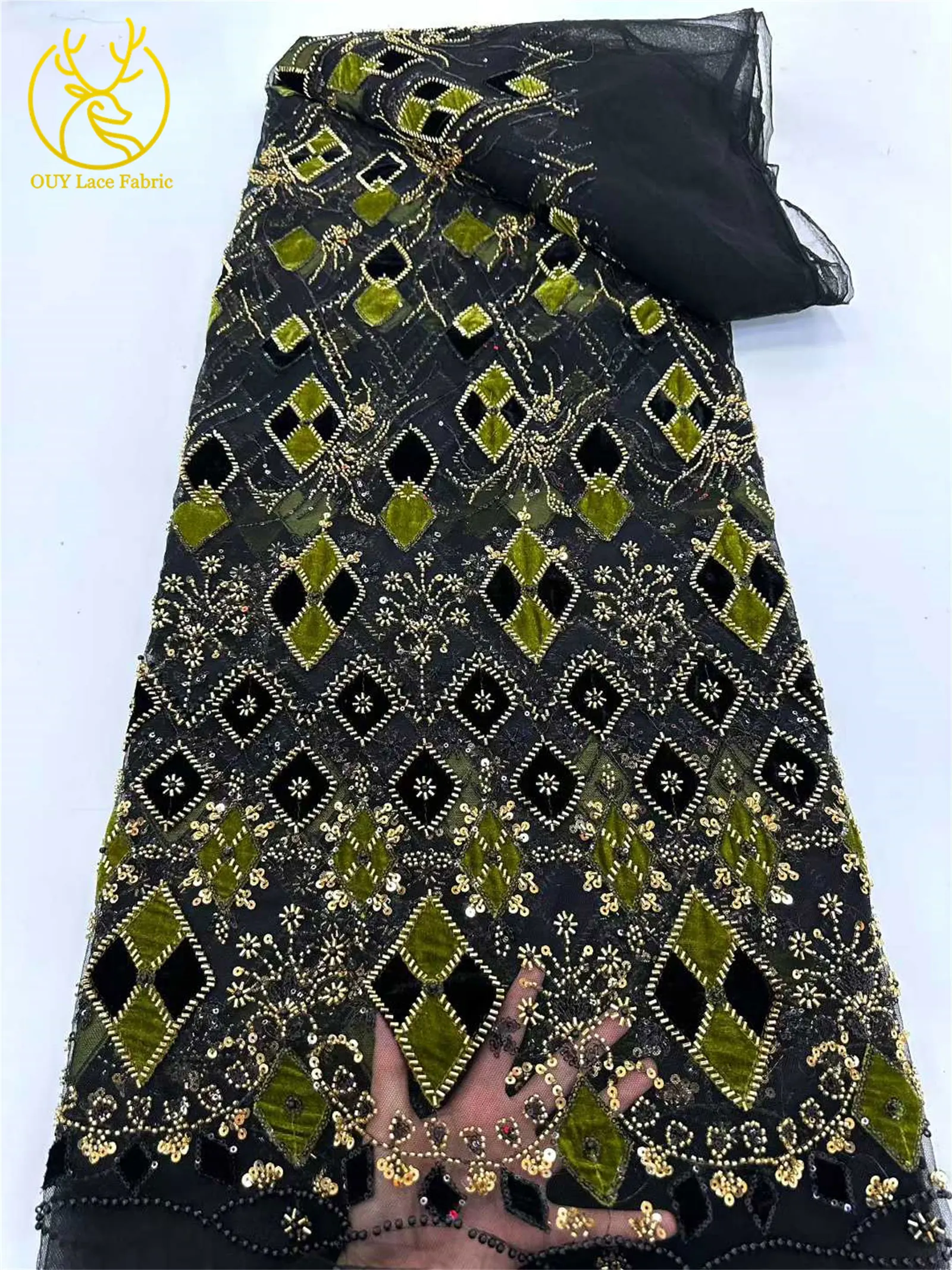 Nigerianischer samtbestickter Spitzenstoff 2026 Hochwertiger französischer Stil afrikanischer Bräutigam handbestickter Pailletten-Spitzenstoff – Detail 8