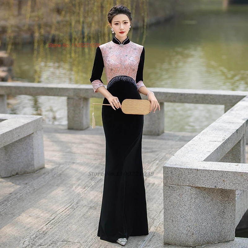 

2025 chinese vintage dress improved cheongsam national flower print patchwork velvet qipao retro banquet evening dress qipao