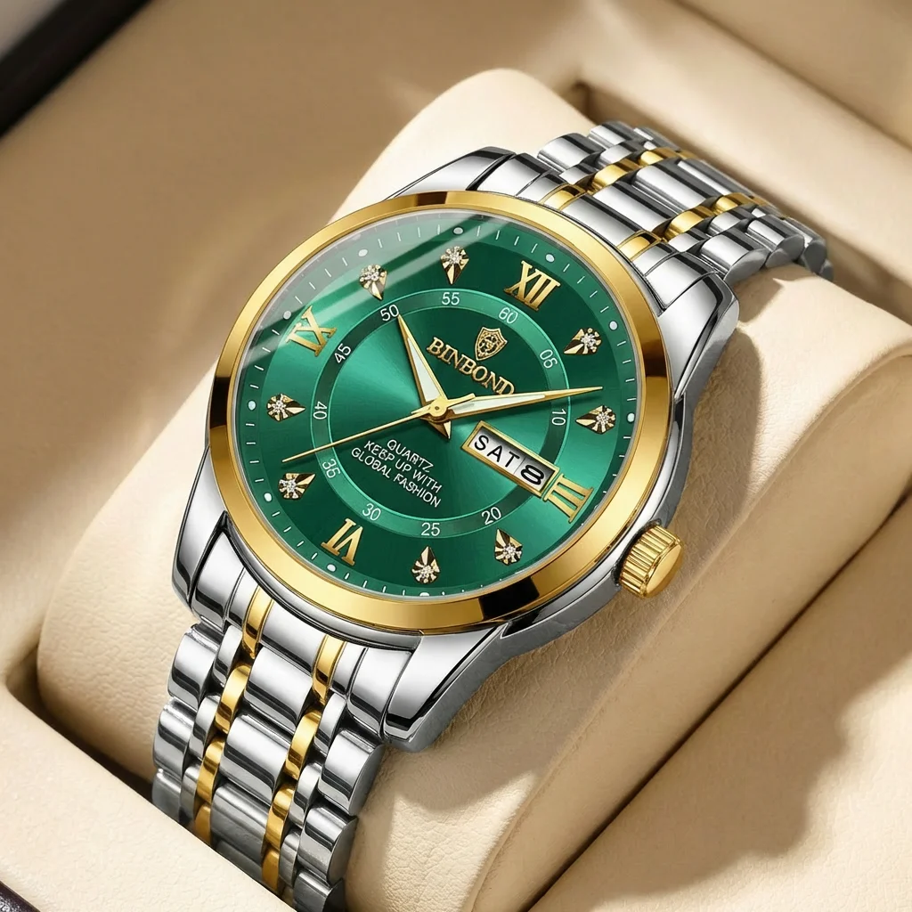 4pc Men's Green Dial Two-tone Stainless Classic Diamond Accents Roman Numerals Date Sunglasses Perfume Quartz Watch Box Set