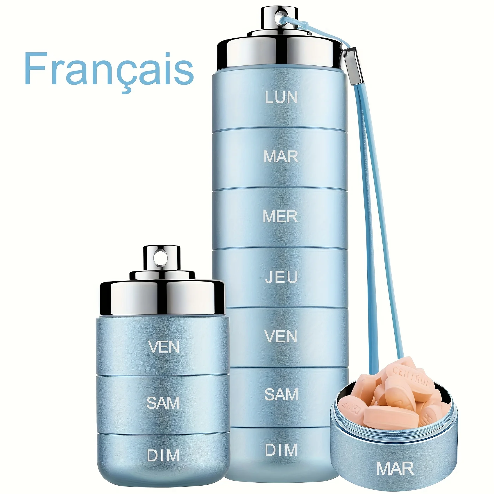 [Französischer Druck] Reise-Pillen-Organizer aus Metall, tragbarer 7-Tage-Vitamin-Organizer, stapelbar, wasserdicht, 1-mal per Tag