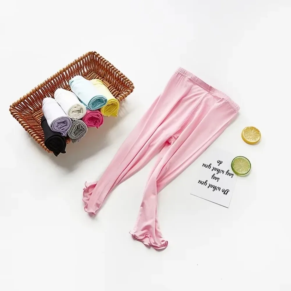 Sweet Ultra-thin Children Clothing Ruffles Candy Color Girls Leggings Modal Cotton Elastic Cropped Pants Girls