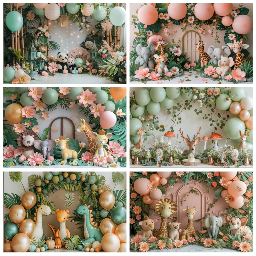 

Jungle Newborn Baby 1st Birthday Backdrop Balloons Animals Wild One Party Cake Smash Photography Background Photo Studio Props