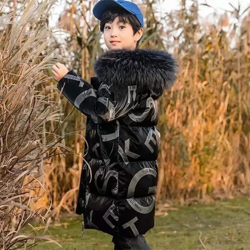 2024 Winter Boys Jackets Children Thickened Down Coats New Long Fur Collar Casual Outerwear Kids Windproof Padded Clothing