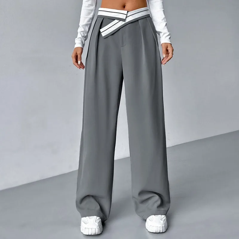 Pantalon décontracté gris pour femmes, coupe droite, taille haute, style décontracté, printemps 2024, nouvelle collection