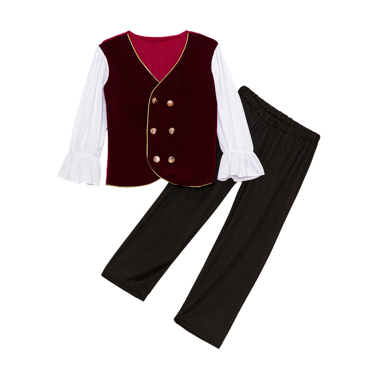 Boys Medieval Renaissance Pirate Costumes Double Breasted Top Shirt and Pants Set for Kids Halloween Cosplay Fancy Dress Up