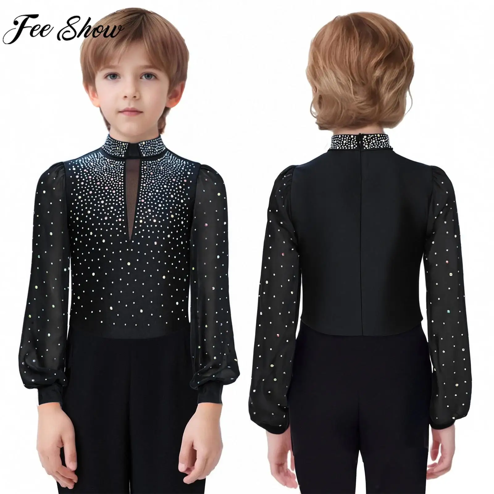 Kinder Jungen Eiskunstlauf Gymnastik Body Latin Ballsaal Rumba Tanzkostüm Langarm Glänzende Strasssteine Sheer Mesh Trikot