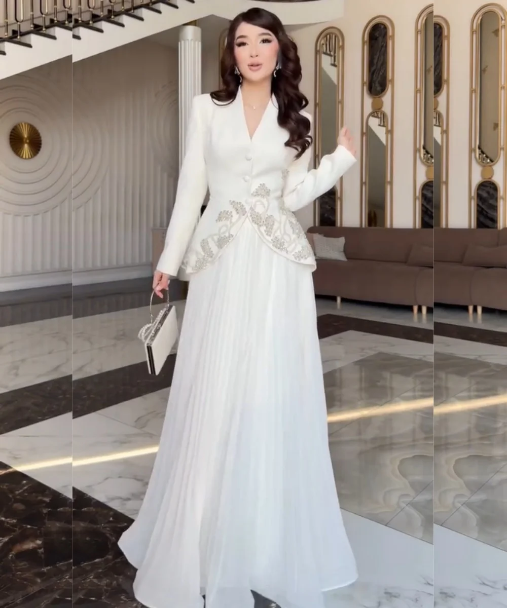 

Customized Sparkle Chiffon Pleat Sequined Pattern A-line V-neck Long Bespoke Occasion Evening Dresses High Quality
