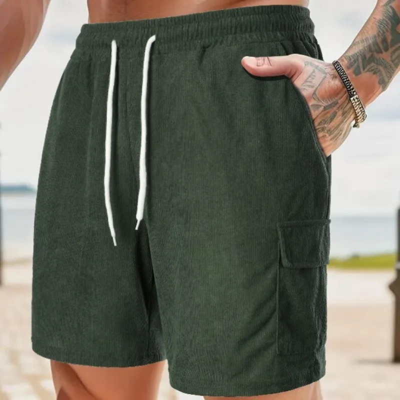 8 Colors!2024 Summer New Solid Color Drawstring Sports Shorts Corduroy Minimalist Men's Multi Pocket Shorts Casual Pants