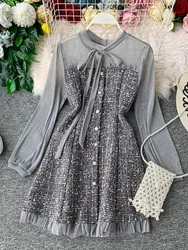 Moda jesień z długim rękawem Mini sukienka kobiety Tweed patchworkowy, z siatką Ruffles elegancki Vintage koreański, Slim Plaid wełniana sukienka Vestidos