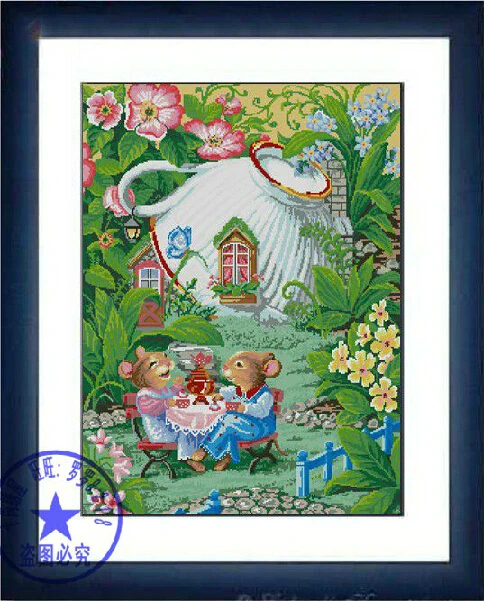 14/11/22/25/28/18/16CT counted cross stitch kit two mouse mice in the garden teacup house tea Alice in wonderland