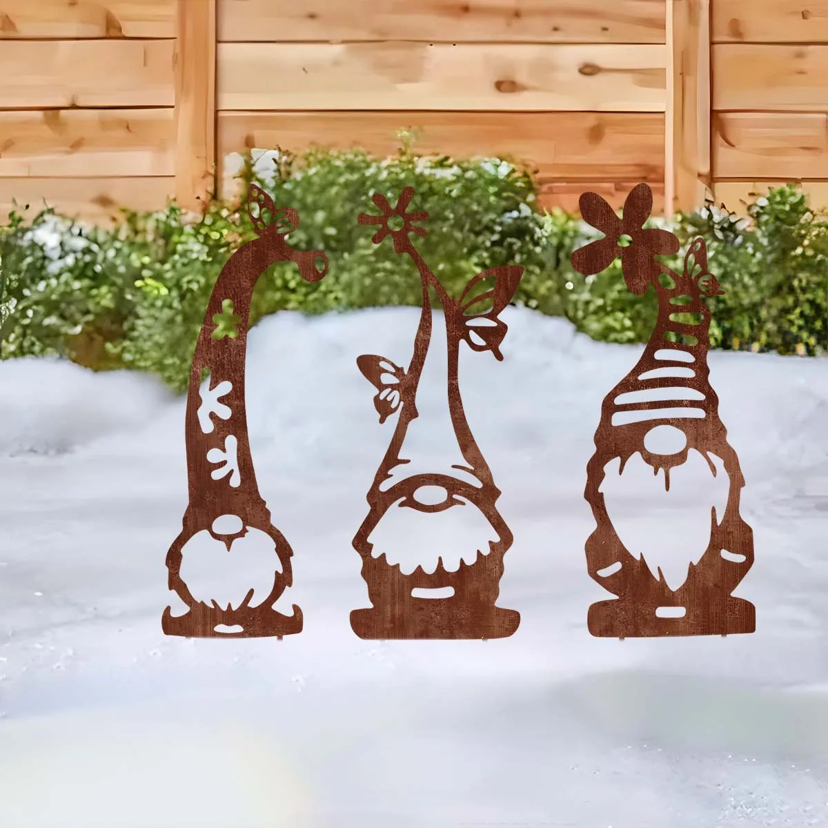3Pcs Rusted Metal Christmas Gnome Garden Ground Stake Ornaments 11.81 Inch Outdoor Yard Lawn Pillar Festive Holiday Home Decor
