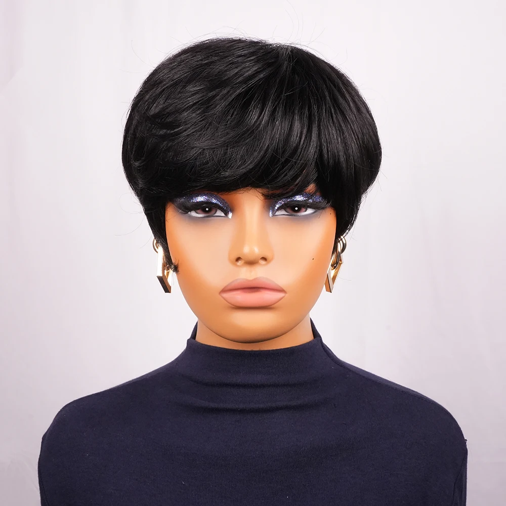ショートピクシーカットウィッグ人毛前髪付きブラジル人毛ウィッグ女性用黒色フルマシンショートストレートウィッグ