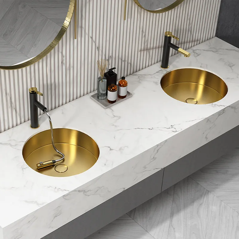 

Round gold light luxury stainless steel undercounter basin washbasin single basin household washbasin built-in sink
