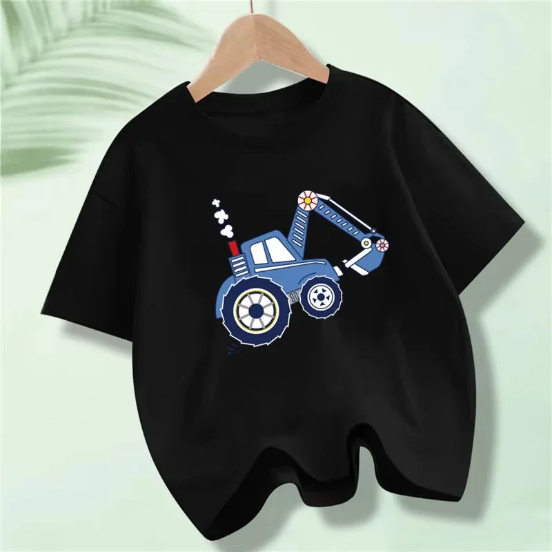 Kids Fun Excavator Construction Vehicle Print T Shirt Cartoon Graphic Short Sleeve Tee For Boys Everyday Casual Wear