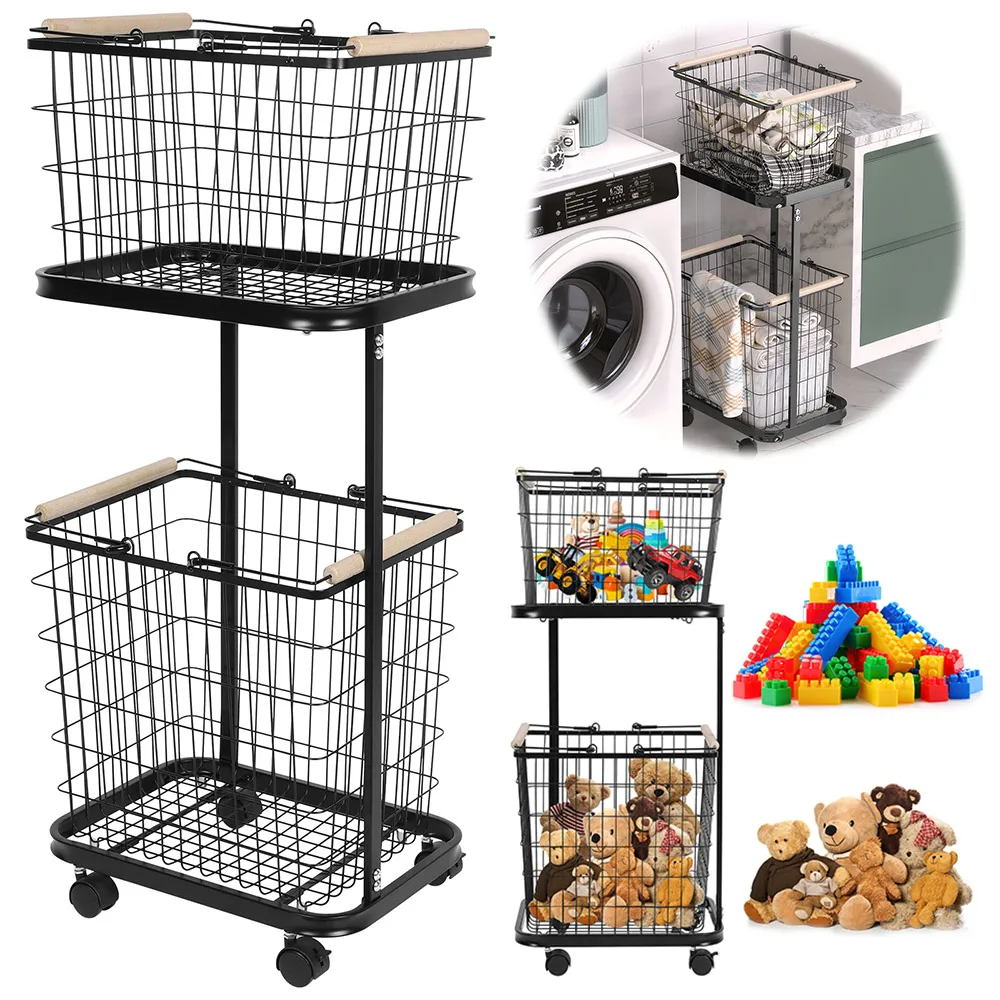 

Двухуровневая проволочная корзина для белья на колесиках, тележка для белья, корзина для одежды для прачечной