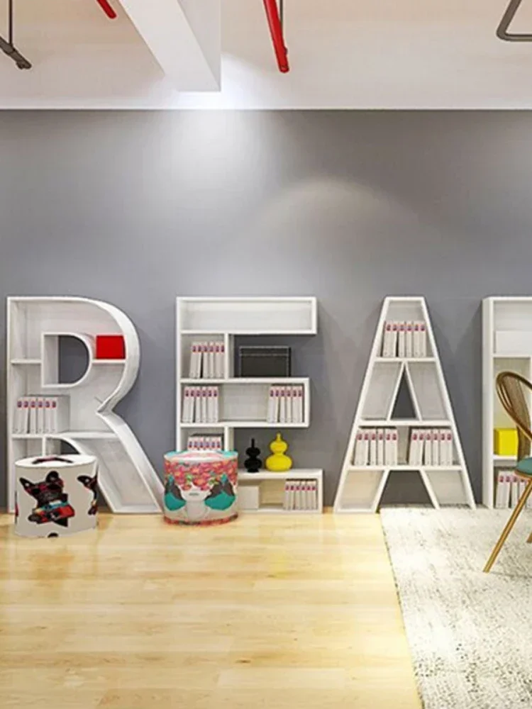 Iron art letter bookshelf, floor to ceiling wall storage bookshelf