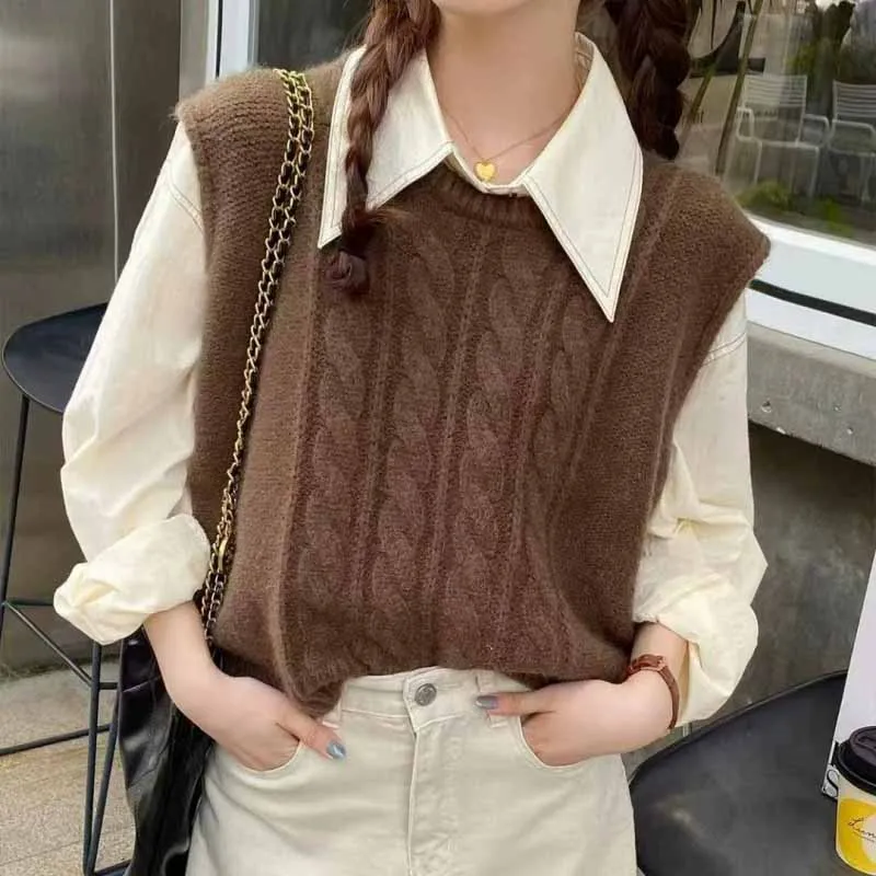 

Новинка 2025 года, вязаный жилет с круглым вырезом, женский однотонный свободный топ без рукавов, свитер, жилет, женский винтажный универсальный вязаный джемпер, топ