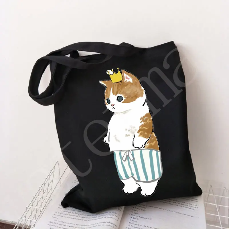 Fashion Casual Cotton Black Canvas Pacakge Hand Bag Cute Cats Animal Kawaii High Capacity Graphic Cartoon Print Shopping Bags