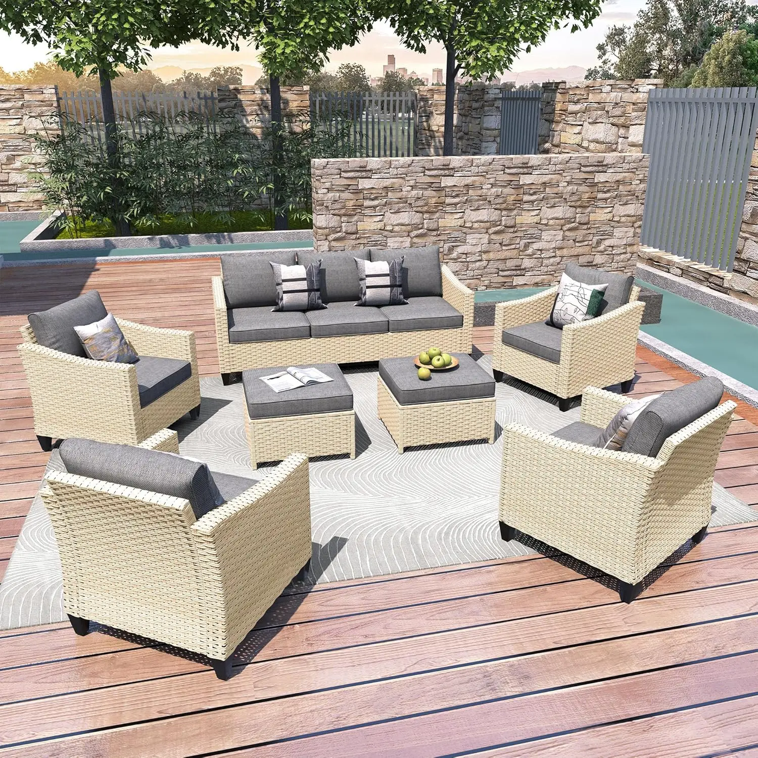 

5 Pcs Patio Conversation Set for 7 Seats, Rattan Wicker Outdoor Patio Furniture Set, 2 x Single Chair, 2 x Ottoman, 3-Seat Sofa