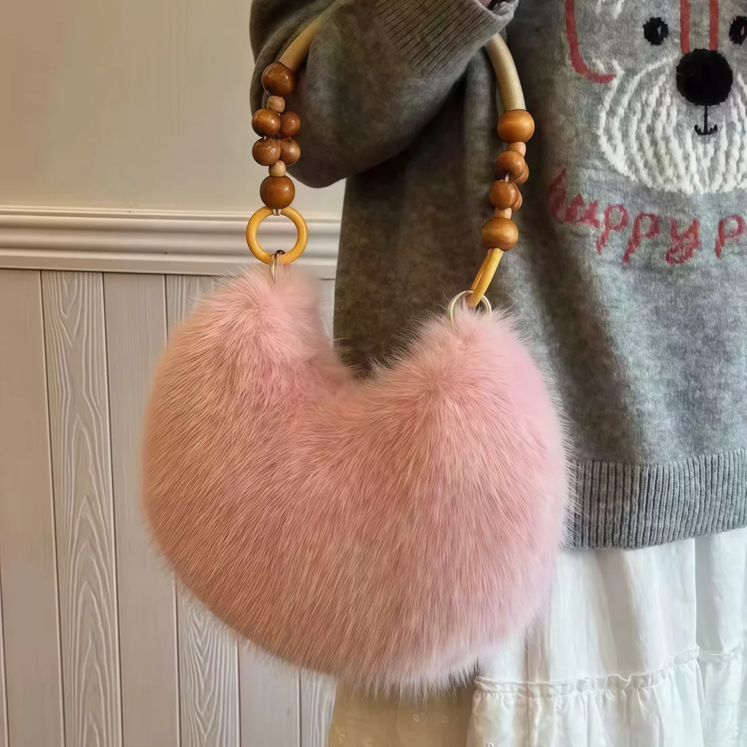 Women Faux Fur Crescent Handbag Wooden Bead Decor Handle Zipper Closure Elegant Fluffy Plush Underarm Shoulder Bag Daily Wear