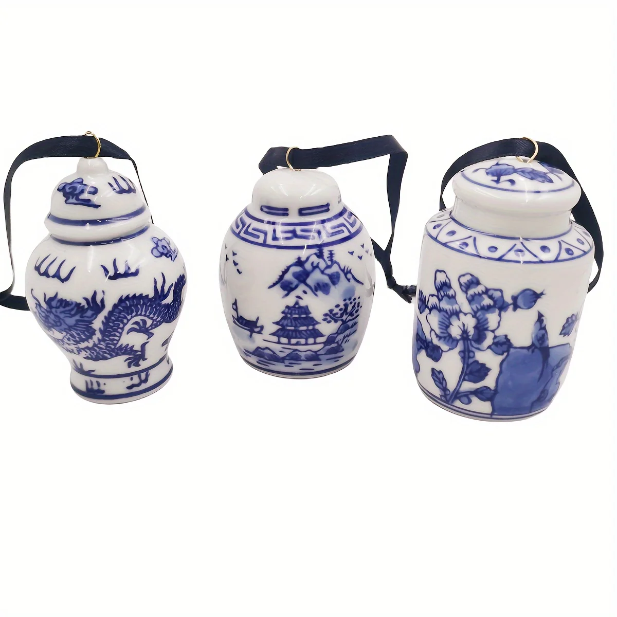 Mini tarro de jengibre de porcelana azul y blanca Vintage, adornos para árbol de Navidad, 6 piezas, BW