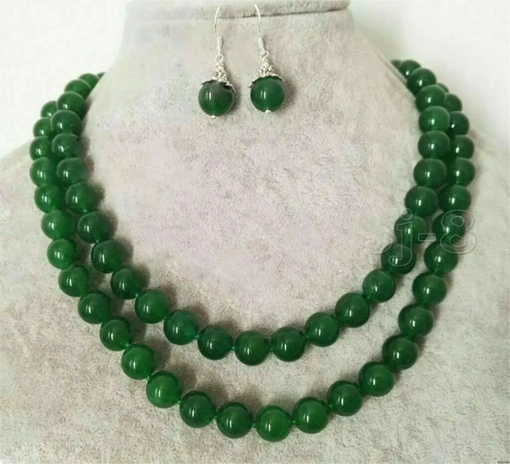 

Natural 10mm Green Jade Round Gemstone Beads Necklace 32" Earring Set AAA